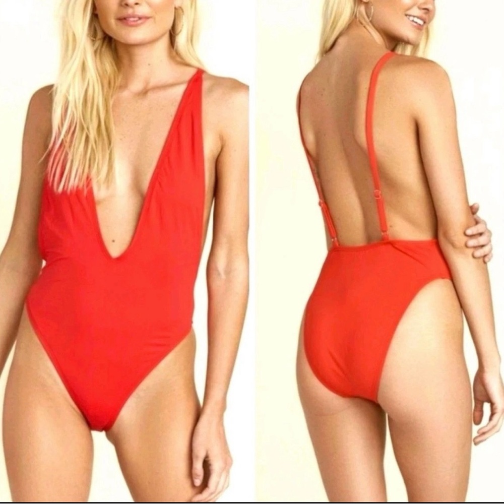 Dippin’ Daisy’s Red White Stripe Plunge Cheryl One Piece Swimsuit‎